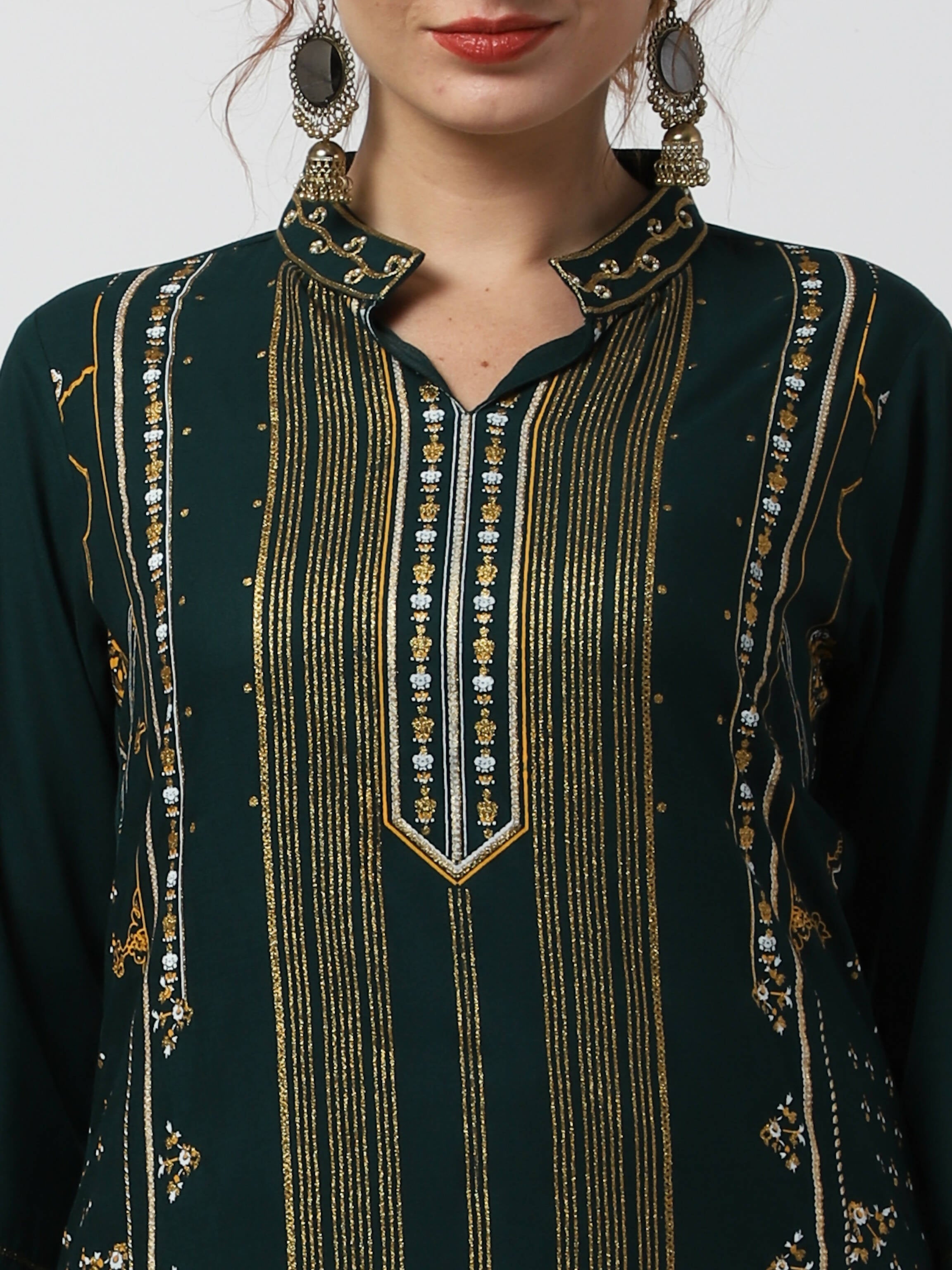 Cheera Embellished Daily Wear Cotton Blend Kurta With Palazoo - Bottle Green
