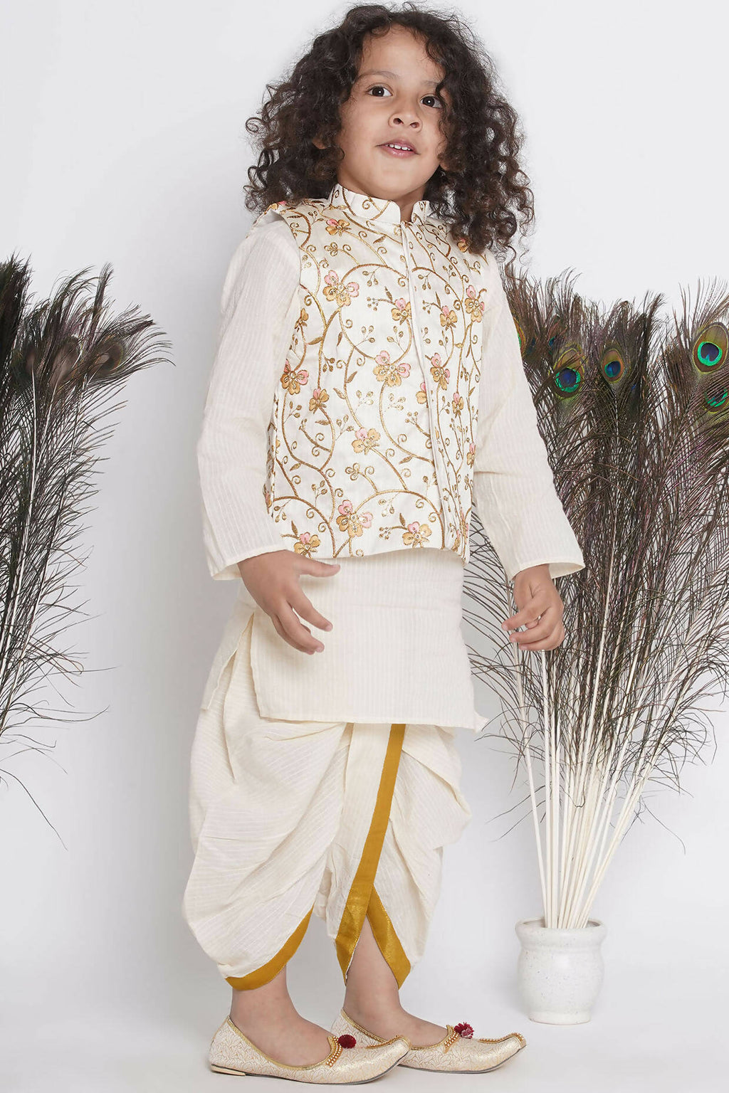 Little Bansi Banarsi Silk Orange Pink Floral Embroidery Jacket With Cotton Kantha kurta And Kantha Dhoti - Cream