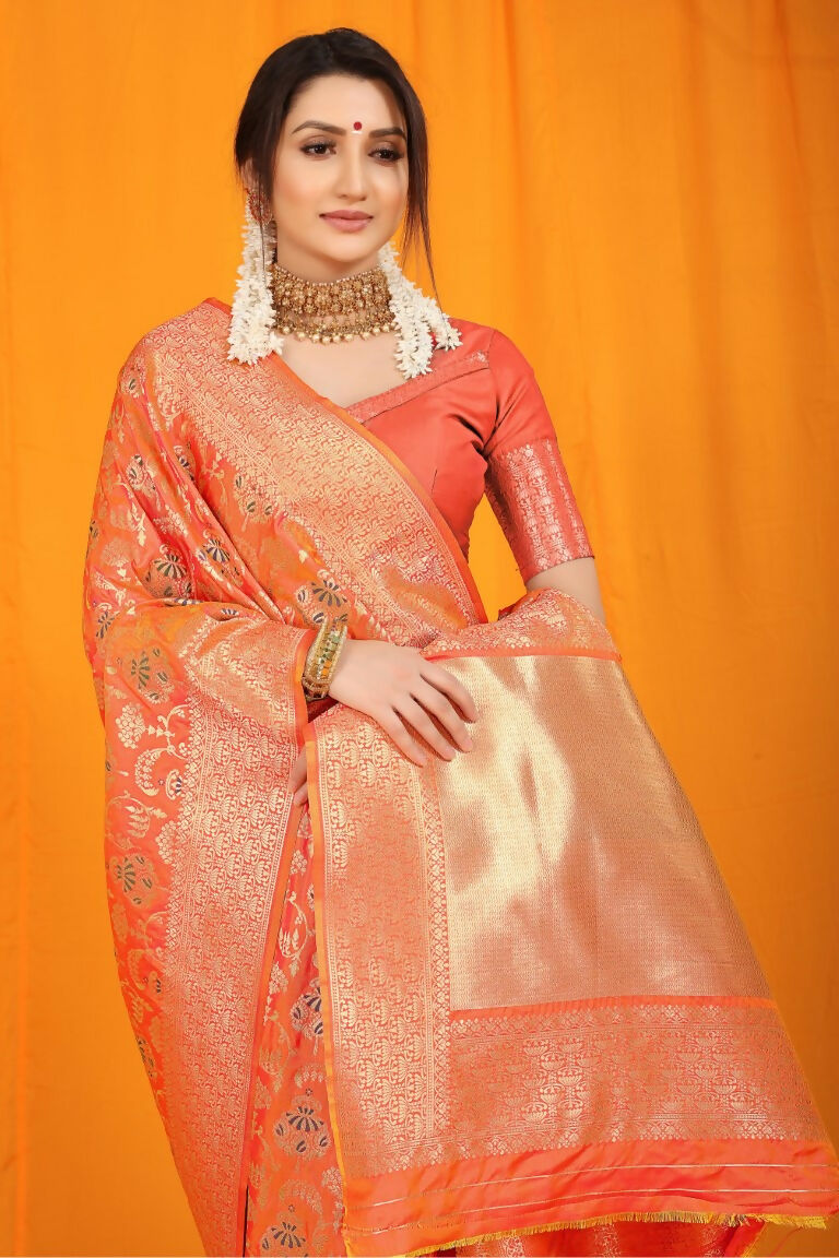 Jyoti Fashion Women's Orange Kanjivaram Silk Zari Woven Saree with Blouse - Distacart