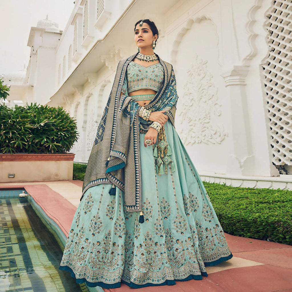 Sky Blue Heavy Viscose Khatli, Embroidery & Mirror Work Unstitched Lehenga Choli - Sisha Keshav