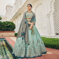 Sky Blue Heavy Viscose Khatli, Embroidery & Mirror Work Unstitched Lehenga Choli - Sisha Keshav
