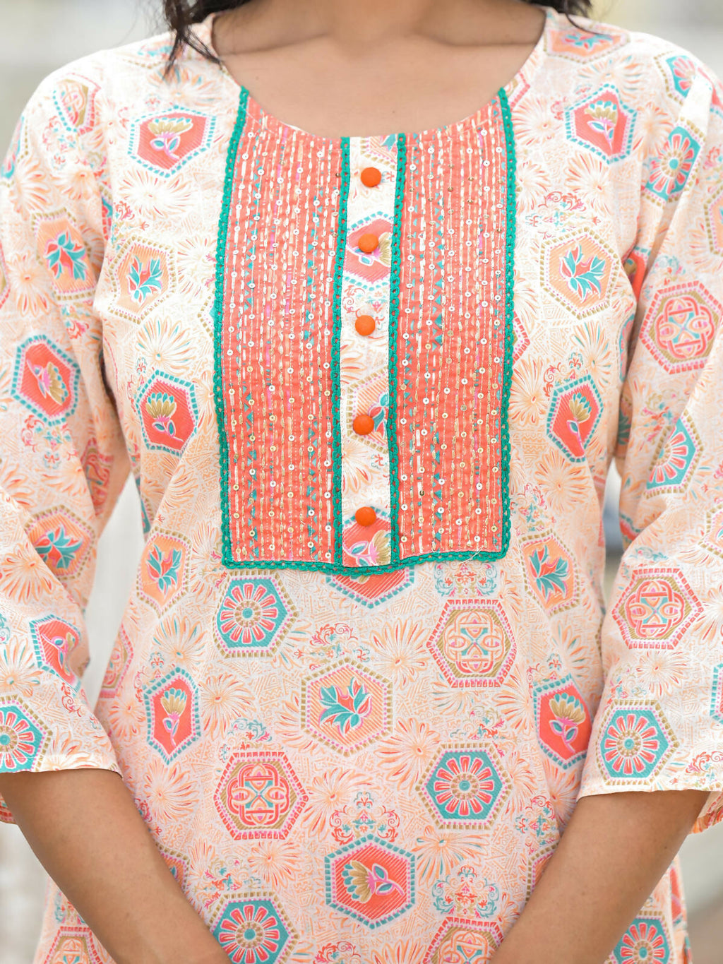 Juniper Women's Peach Floral Printed Cotton Kurta Pant With Dupatta Set With Sequins & Thread Work