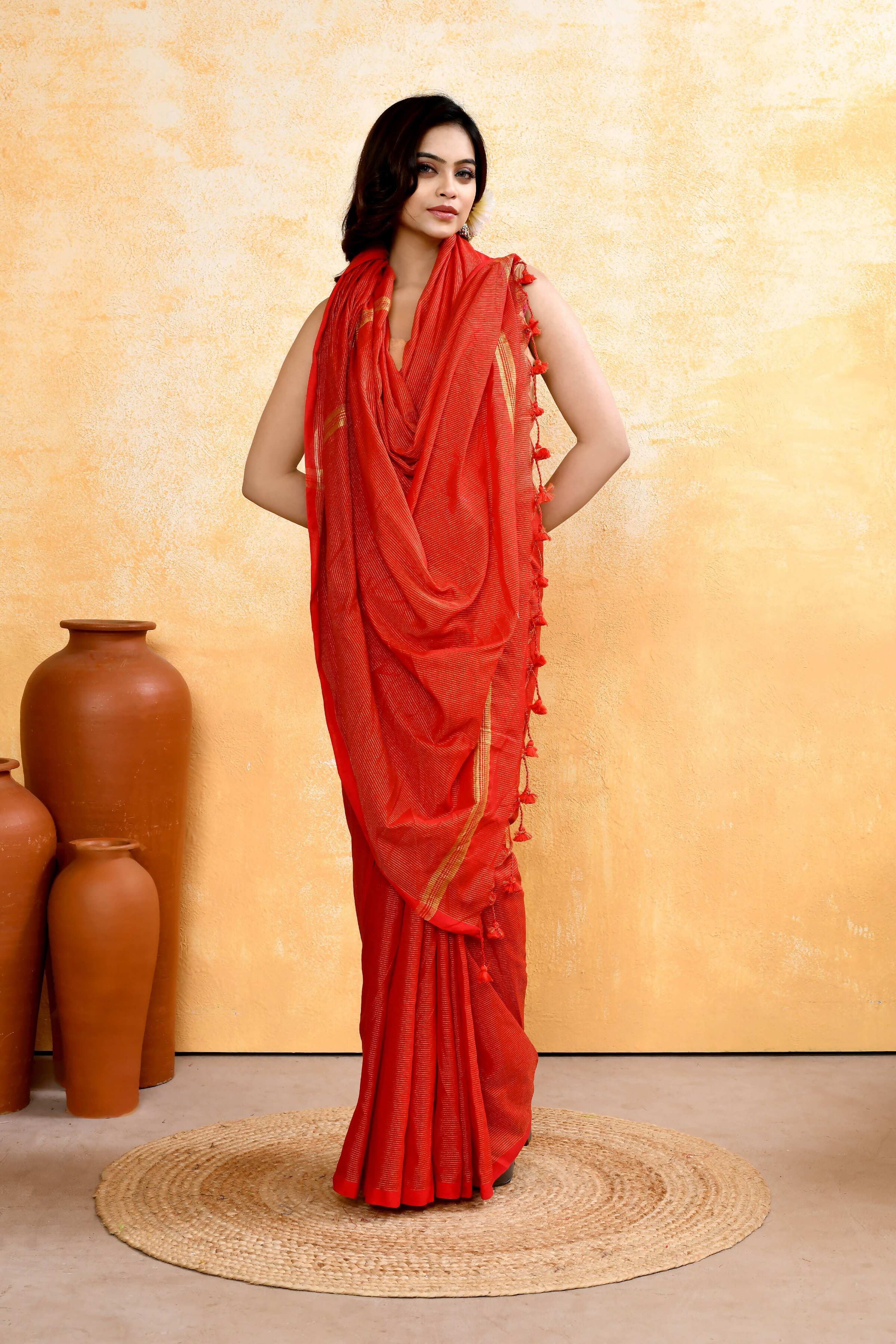 Piyari Fashion Women's Red Embellished Cotton Blend Zari Check Handloom Saree - Distacart