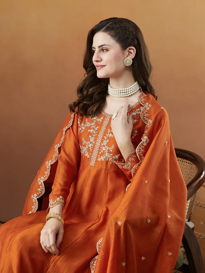 The52 Orange Women's Beautiful Vichitra Silk Fabric Embroidered Work Flared Anarkali Pant and Dupatta Set - Distacart