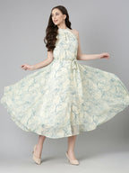 Souchii Cream & Blue Floral Chiffon Maxi Dress