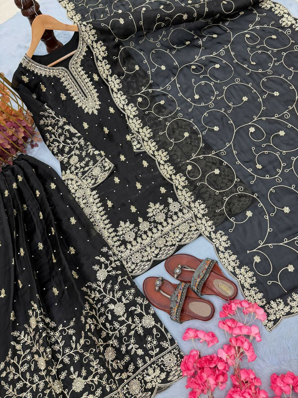 Teeya Creation Black Pure Silk Gimmy Silk Heavy Embroidery Work Wedding Wear Palazzo Pair - Distacart