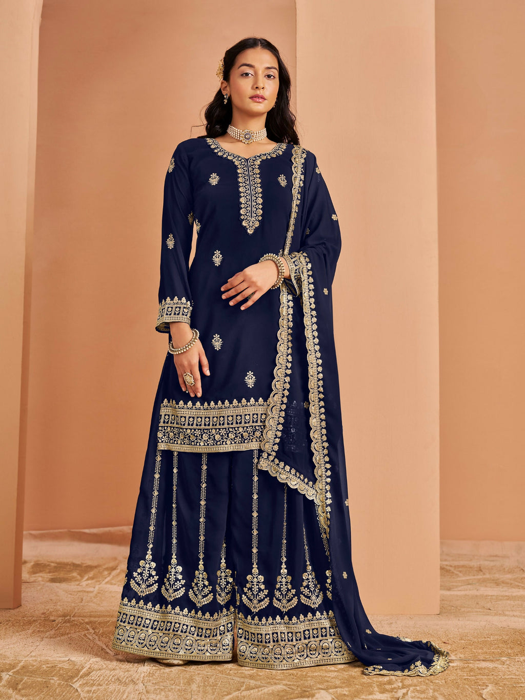 Anaita Navy Blue Premium Georgette Embroidered Stitched Salwar Suit - Distacart