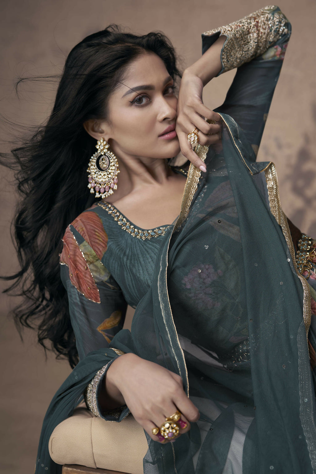 Vastranavya Georgette Digital Print With Sequence Embroidery Stitch Work Side Slit Abaya Style Suit