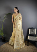 Joban Fashion Light Yellow Handloom Banarasi Organza Silk Khatali Butta Work Saree - Distacart