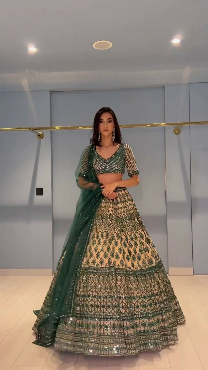 Jyoti Fashion Teal Green & Cream 3mm with Thread Embroidery Georgette Lehenga Choli with Dupatta