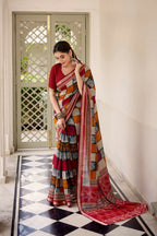 Vastranavya Maroon Viscose Chanderi Printed with Temple Border Saree & Unstitched Blouse - Distacart