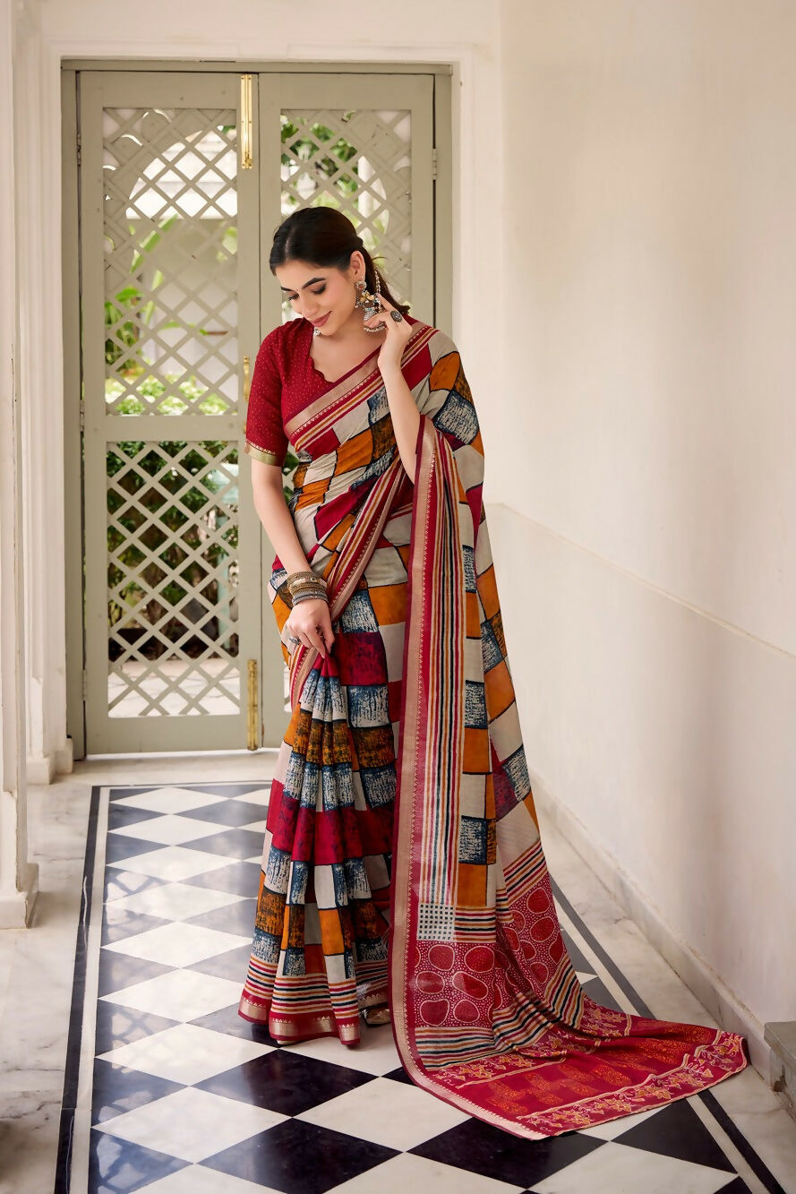 Vastranavya Maroon Viscose Chanderi Printed with Temple Border Saree & Unstitched Blouse - Distacart