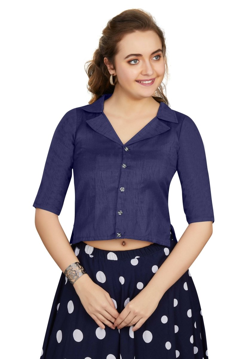Aastha Fashion Women's Women's Navy Blue Art Silk Button Readymade Blouse