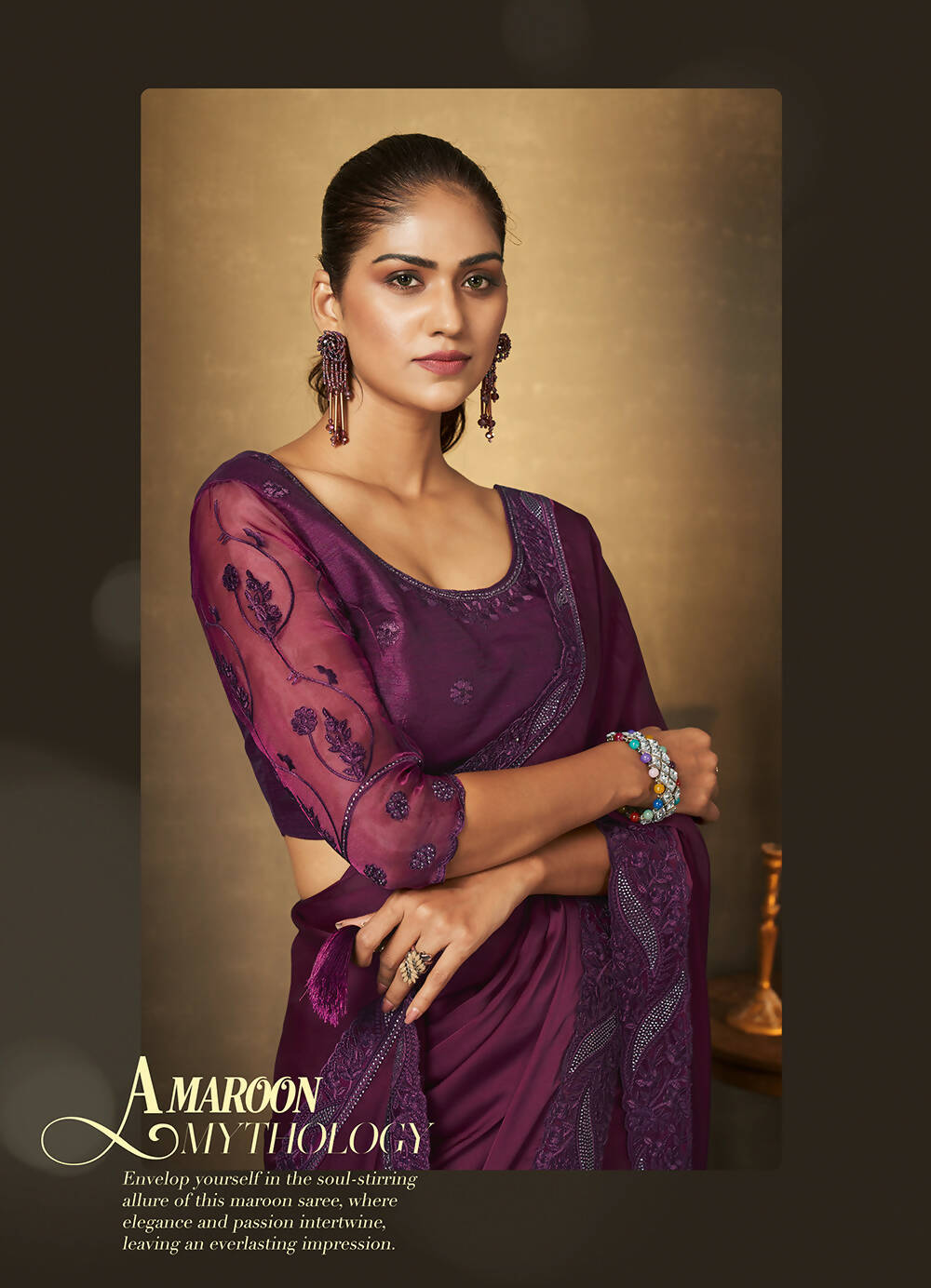 Purple Satin Silk Thread Embroidered with Swaroski Work Saree With Unstitched Blouse Piece - Norita Royal Erisha