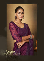 Purple Satin Silk Thread Embroidered with Swaroski Work Saree With Unstitched Blouse Piece - Norita Royal Erisha