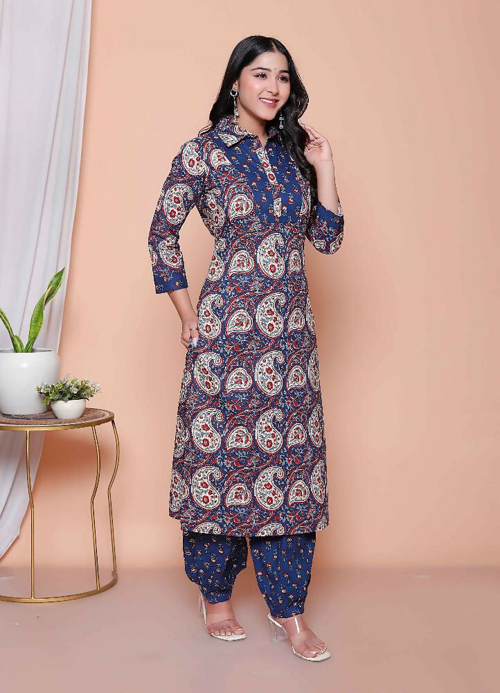 Miravan Womens Cotton Floral Printed Shirt-Collar Straight Kurta And Palazzo Set - Distacart