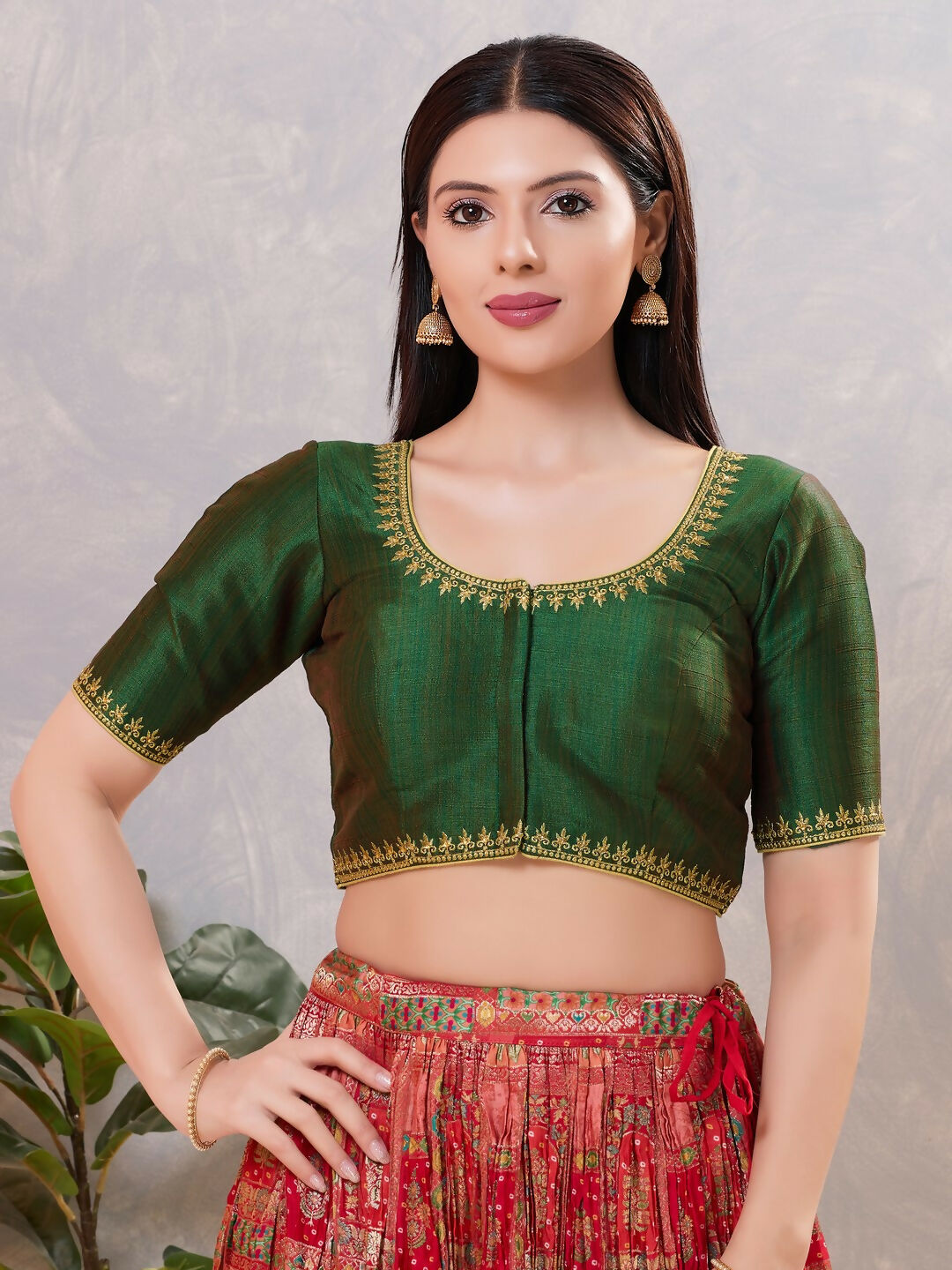 Joban Fashion Women Silk Bottle-Green Stitched Blouse