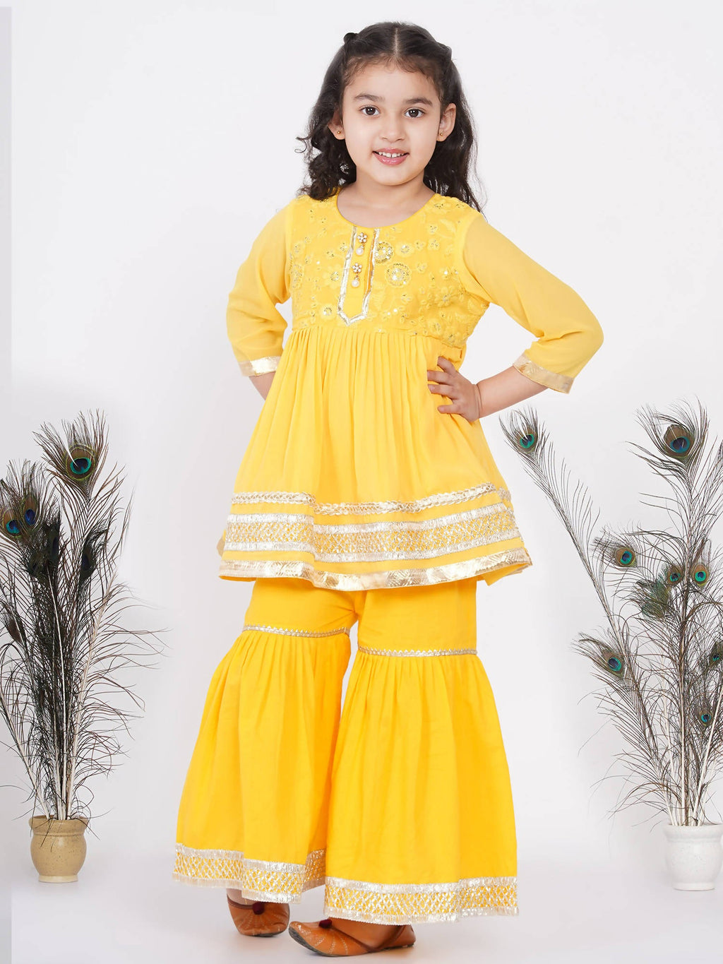 Little Bansi Girls Cotton Gotta Patti Kurta frock with Sharara & Dupatta - Yellow