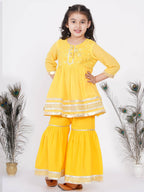 Little Bansi Girls Cotton Gotta Patti Kurta frock with Sharara & Dupatta - Yellow
