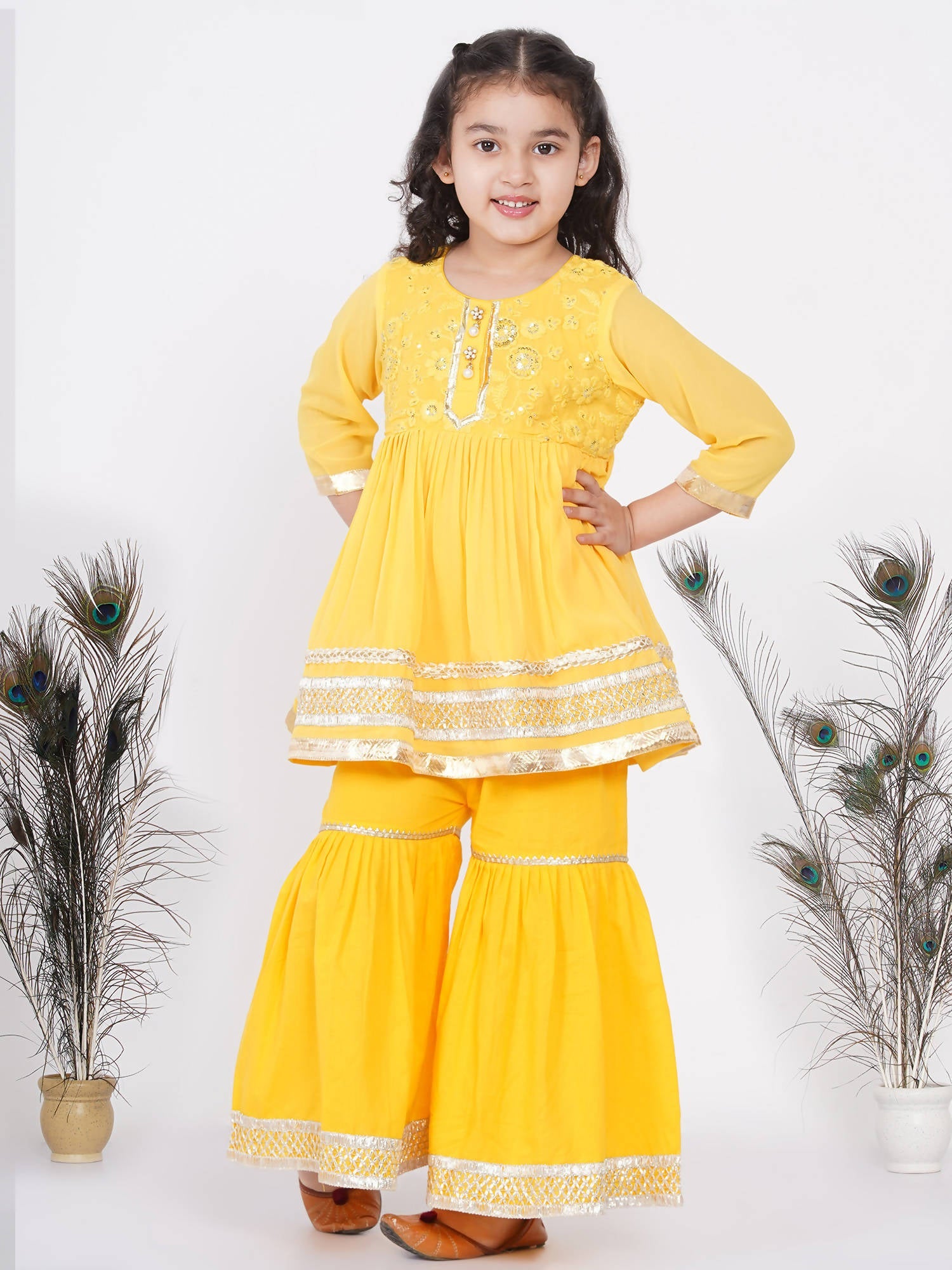 Little Bansi Girls Cotton Gotta Patti Kurta frock with Sharara & Dupatta - Yellow
