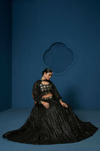 Black Sequence Work Georgette Crop Top Type Full Sleeve Lehenga Choli - Jihu Culture