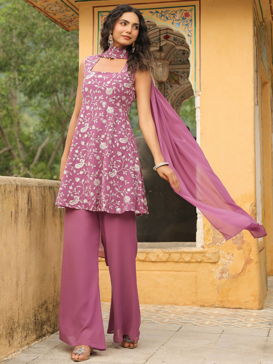 Janasya Lavender Georgette Embroidered Kurta,Bottom & Dupatta