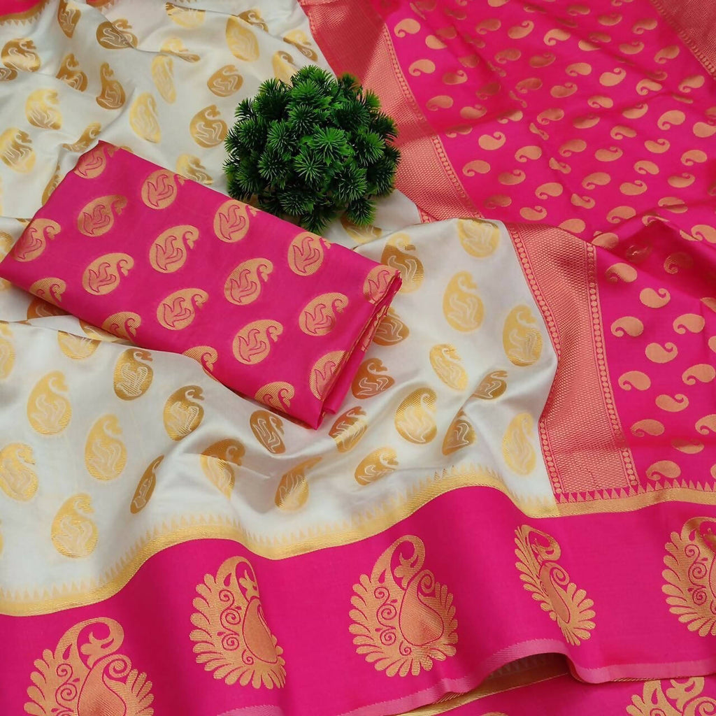 DEIANA'S Beautiful Designer Golden zari Soft Lichi Silk Saree - White
