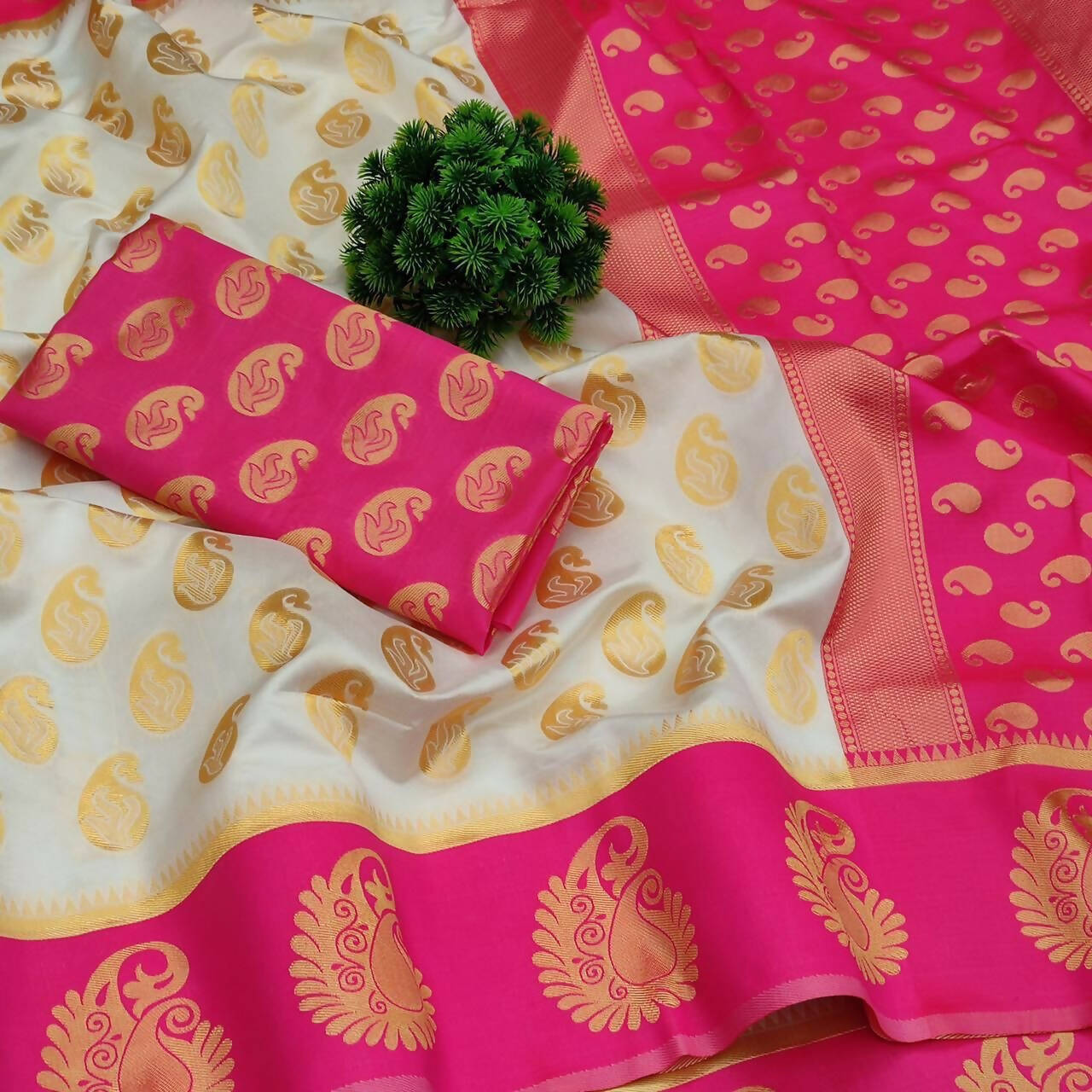 DEIANA'S Beautiful Designer Golden zari Soft Lichi Silk Saree - White