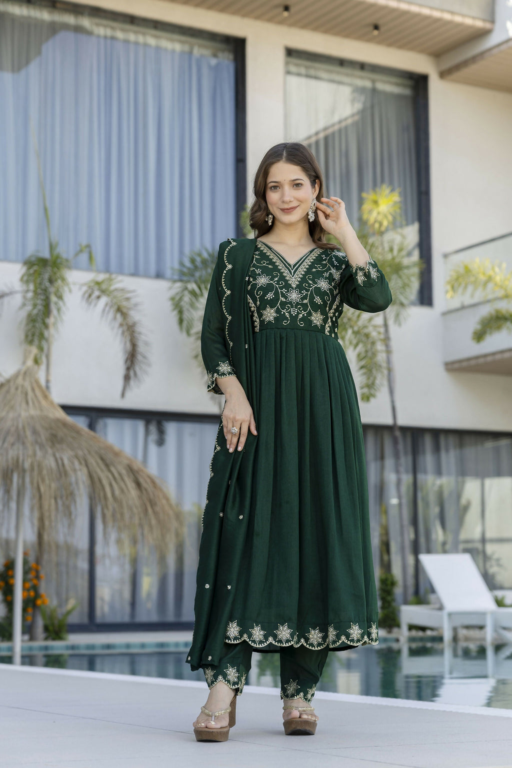 The52 Women's Beautiful Embroidery Work Vichitra Silk Fabric Flared Anarkali Pant and Dupatta Set - Distacart