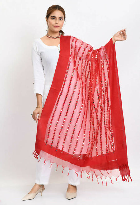 Mominos Fashion Moeza Women's Orgenza Mirror Stripe Thread Work Red Dupatta