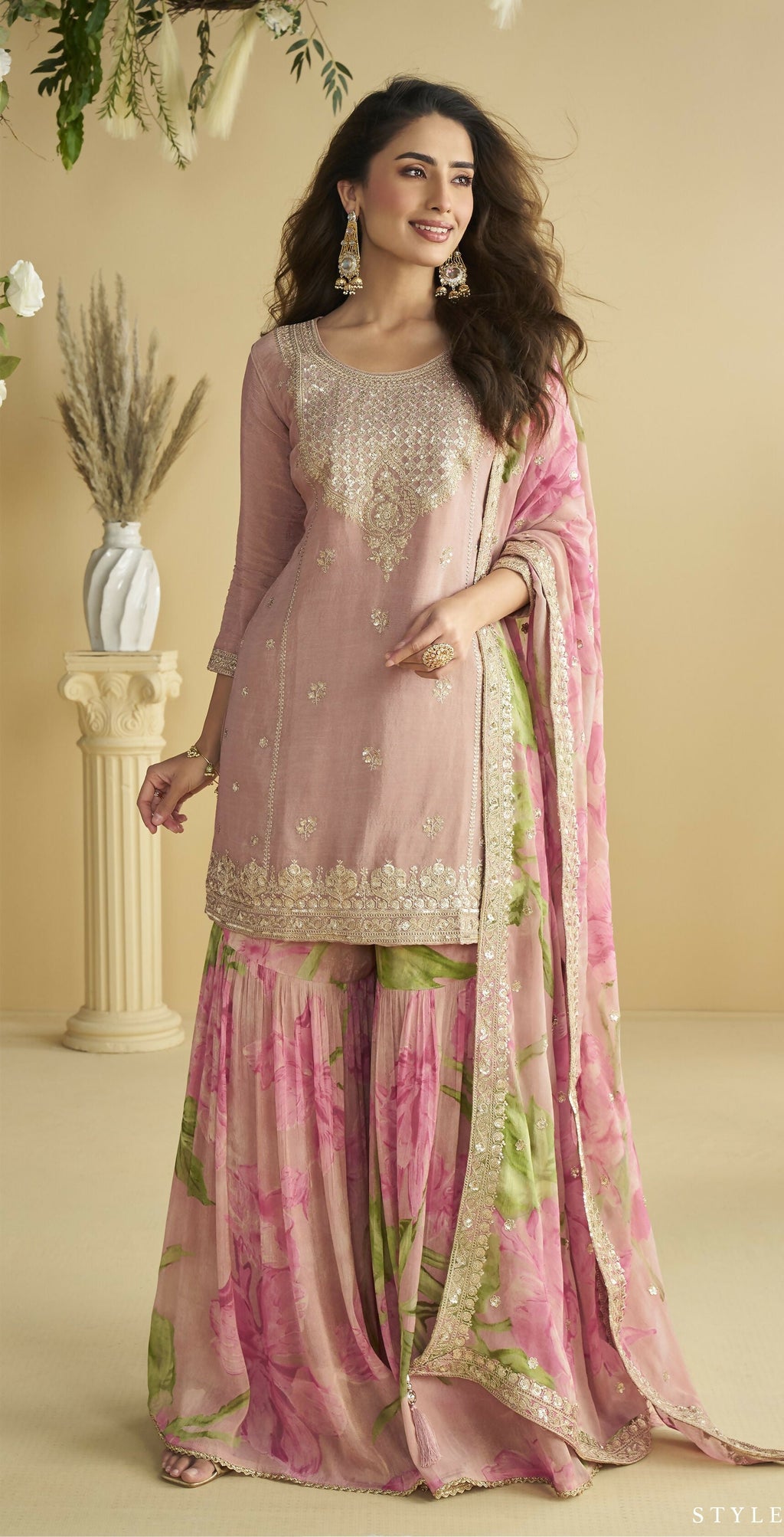Anaita Pink Chinon Readymade Sharara Suit with Embroidery Sequence Work - Distacart