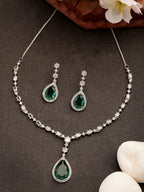 NVR Women's Silver-Plated Green American Diamond-Studded Handcrafted Jewellery Set