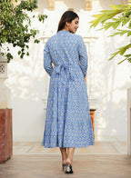Kaajh Women's Blue Floral Handblock Print Cotton Dress - Distacart