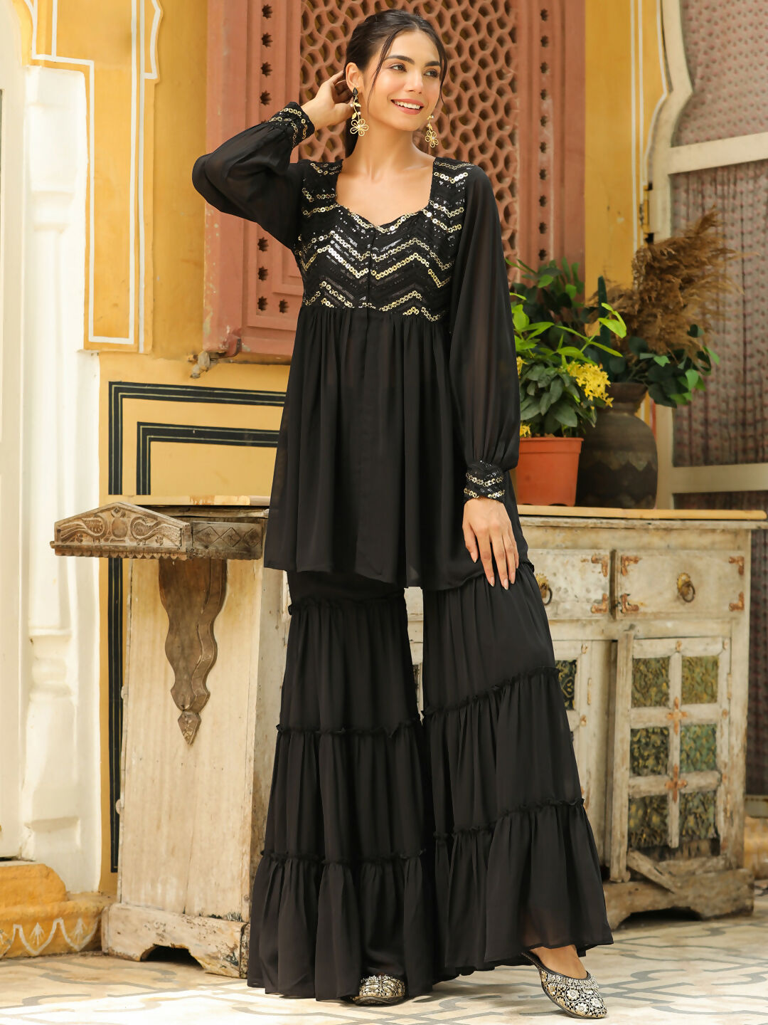 Janasya Black Georgette Sequined Tunic & Bottom