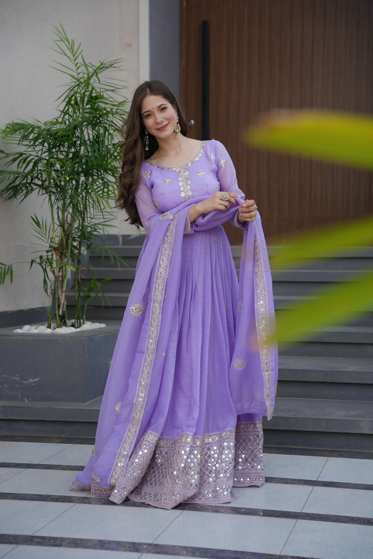 Teeya Creation Lavender Color Crunchy Silk Wedding Wear Embroidery Work Long Gown - Distacart