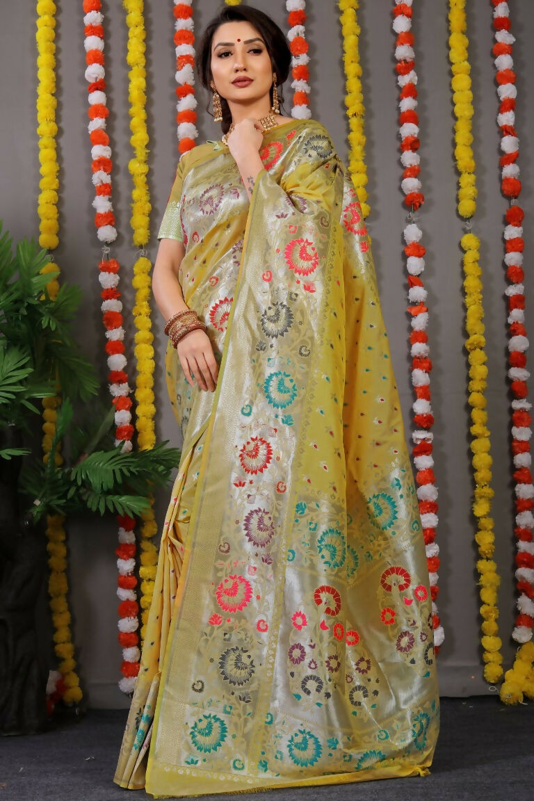 Jyoti Fashion Women's Mehndi Banarasi Silk Zari Woven Saree with Blouse
