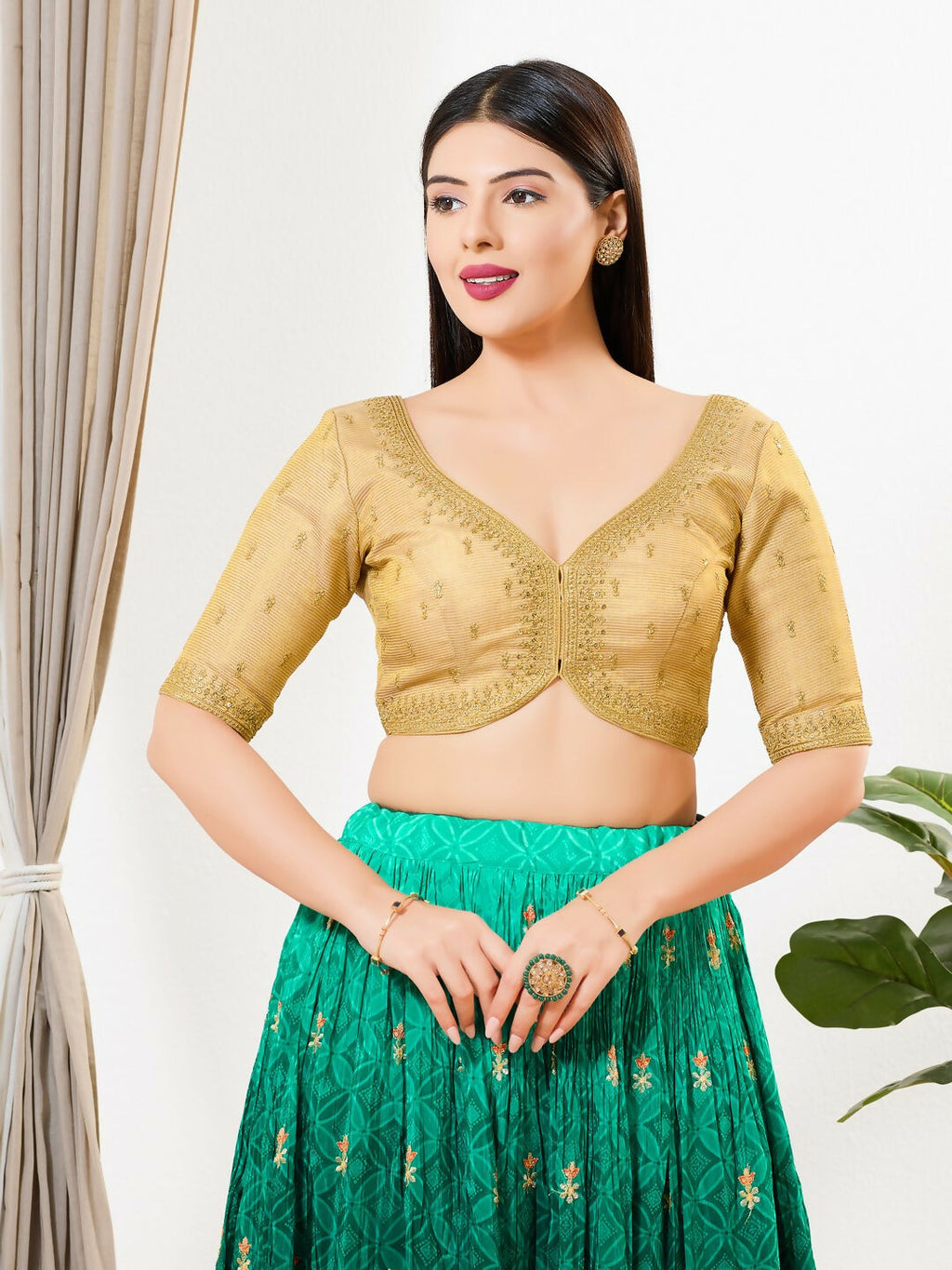 Joban Fashion Gold Tissue Padded Blouse With Sweetheart Neck Elbow Sleeves - Distacart