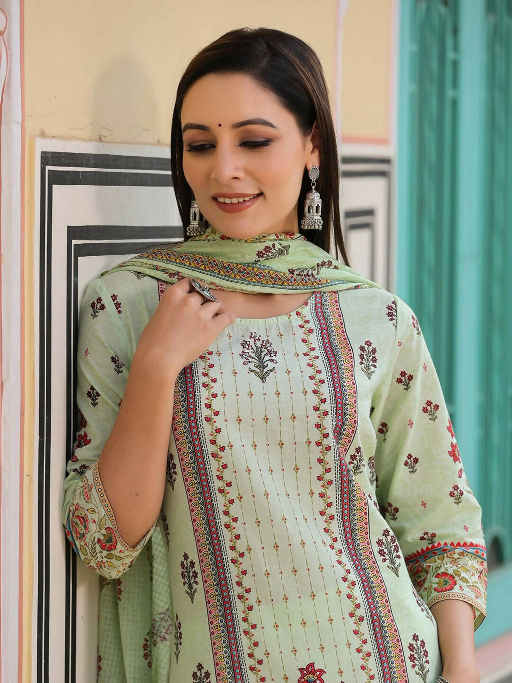 Juniper Women's Lime Green Cambric Floral Placement Printed Straight Fit Kurta Sets - Distacart