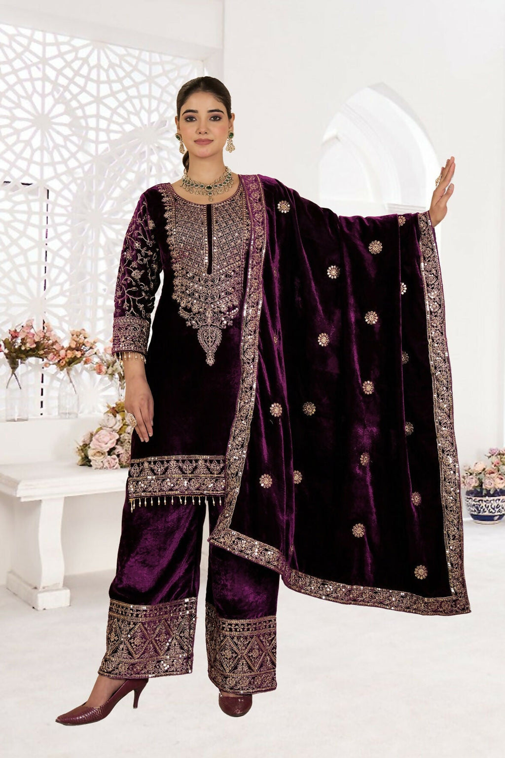 Joban Fashion Wine Velvet Sequence Embroidery Work Kurta Set - Distacart