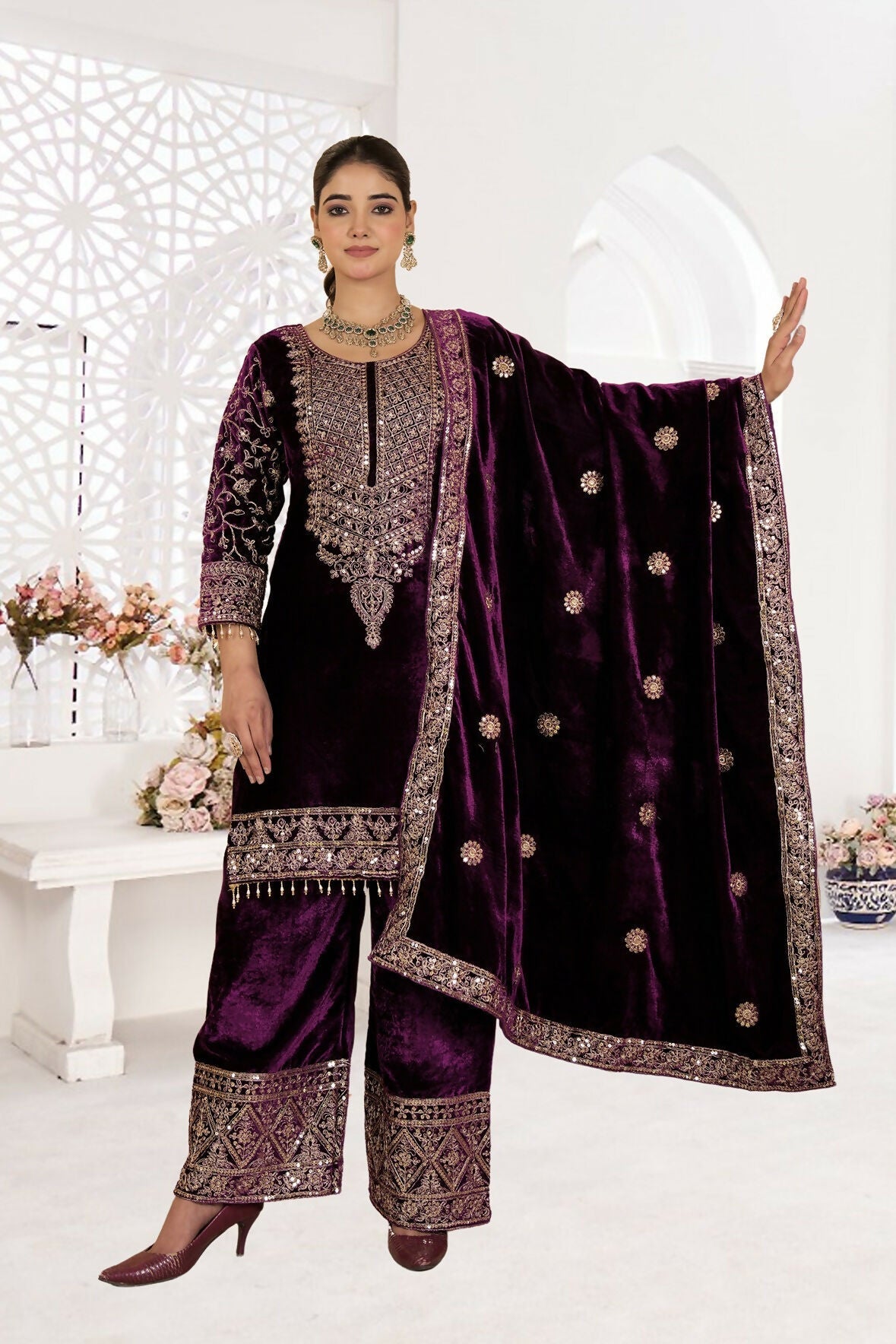 Joban Fashion Wine Velvet Sequence Embroidery Work Kurta Set - Distacart