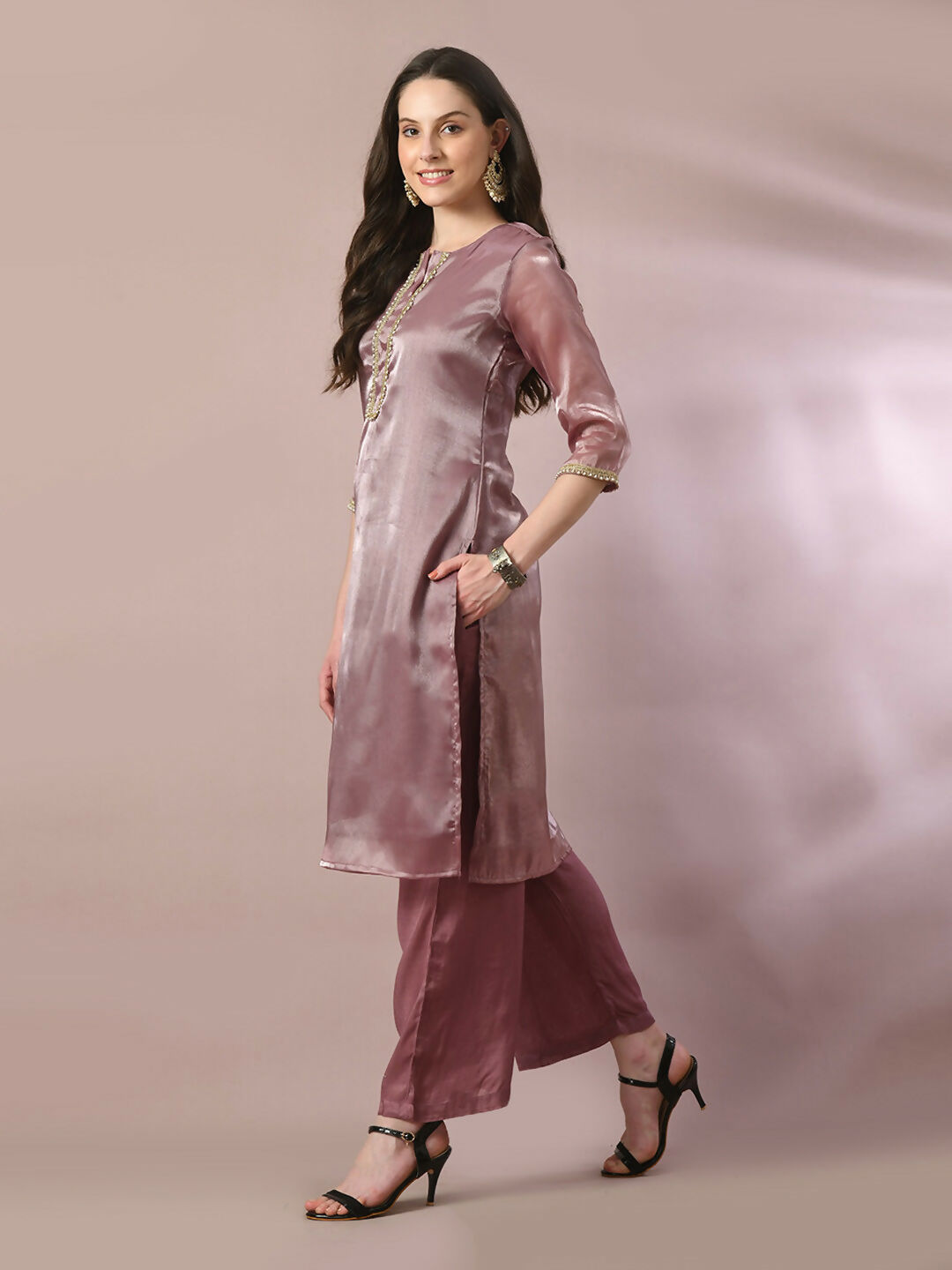 Myshka Women's Brown Solid Straight Party Kurta Set