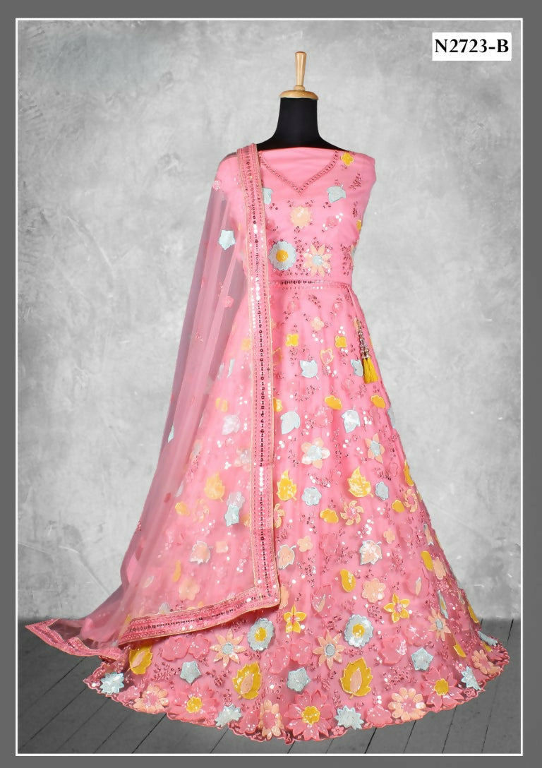 Pink Net Thread With Sequence Work Lahenga Choli - Nimaya Ishani