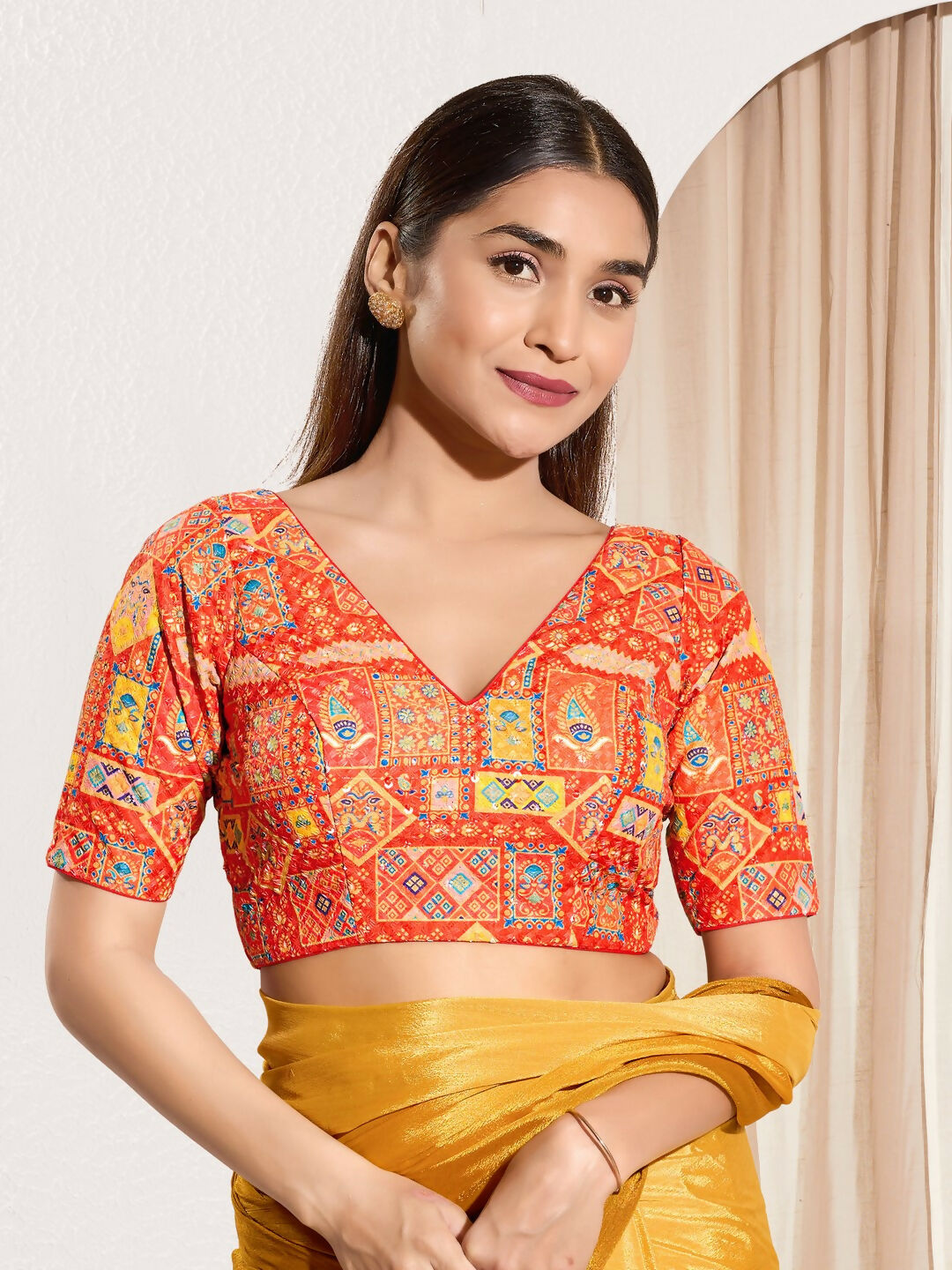 Joban Fashion Orange Viscose Rayon Padded Blouse With V Neck Elbow Sleeves - Distacart