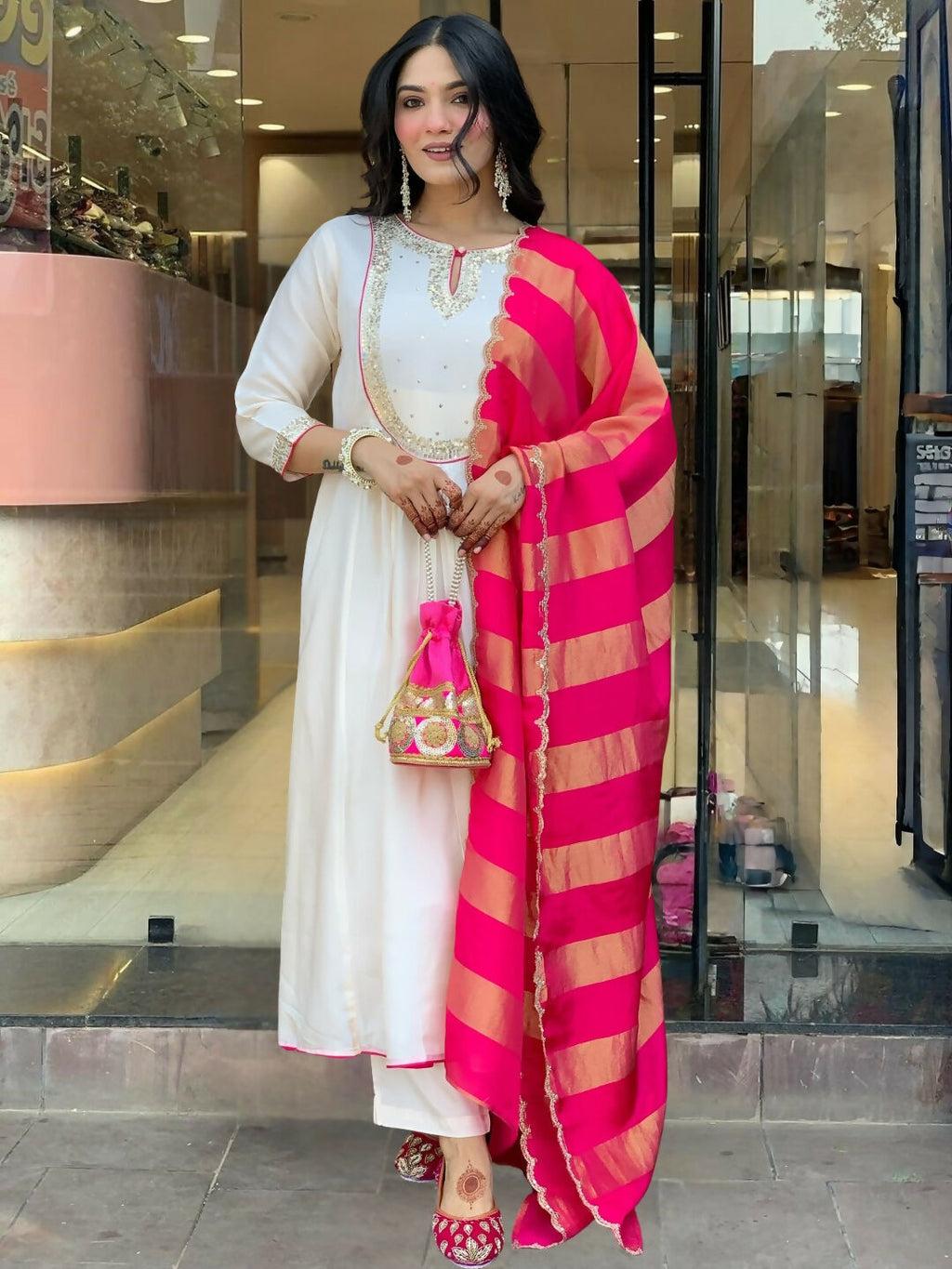 The52 White Women's Gorgeous Embroidered Work Chanderi Fabric Flared Kurta Pant and Dupatta Set - Distacart