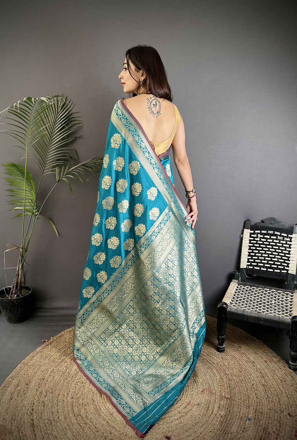 Joban Fashion Teal Ethnic Floral Motifs Soft Lichi Silk Banarasi Saree - Distacart