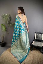 Joban Fashion Teal Ethnic Floral Motifs Soft Lichi Silk Banarasi Saree - Distacart