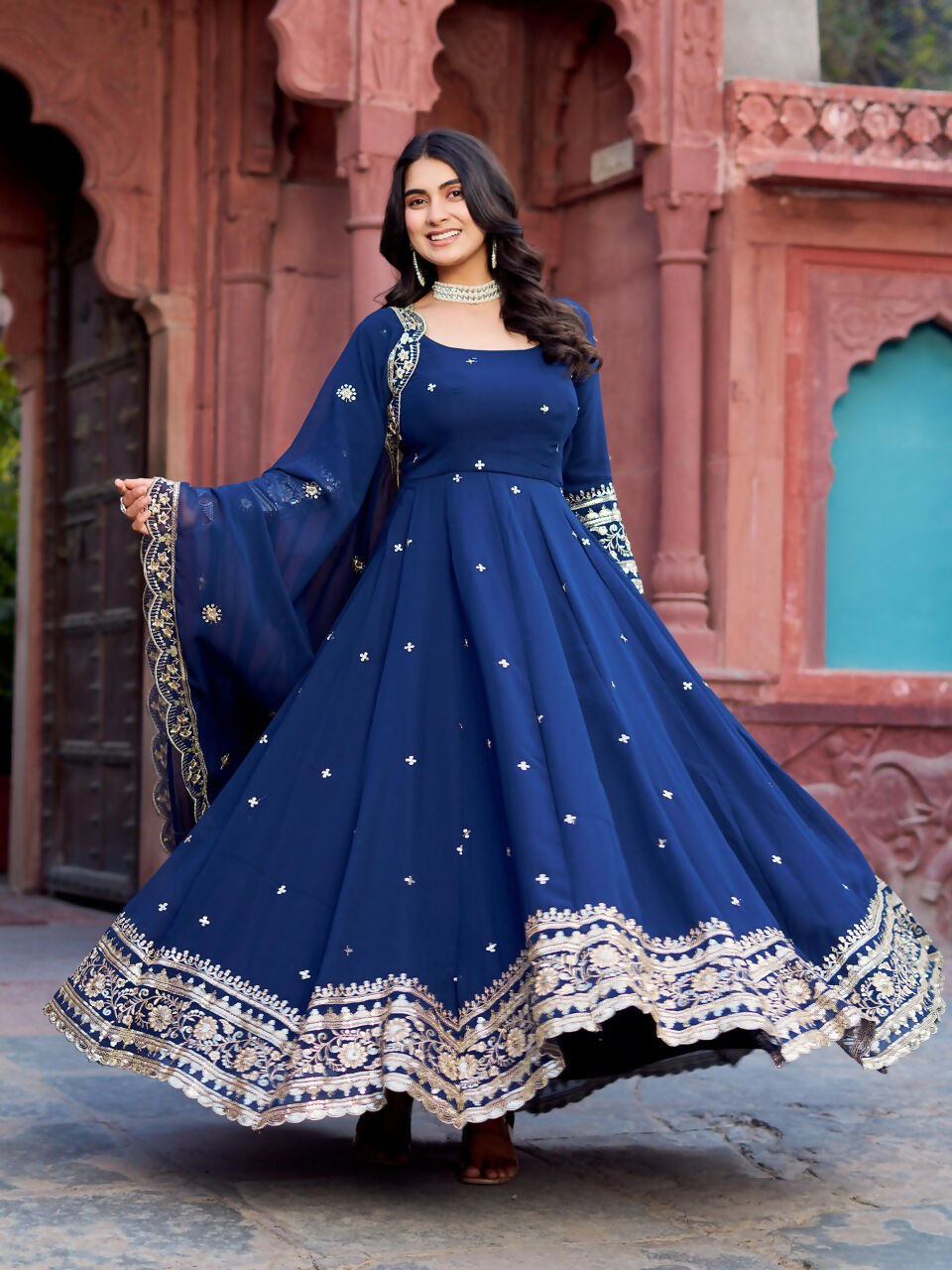 The52 Women's Beautiful Faux Georgette Fabric Embroidery Work Flared Anarkali Pant and Dupatta Set - Distacart