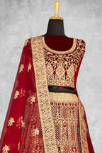 Red Velvet Thread with Hand Work Semi Stitched Lehenga Choli with Dupatta - Nimaya Lagnotsav