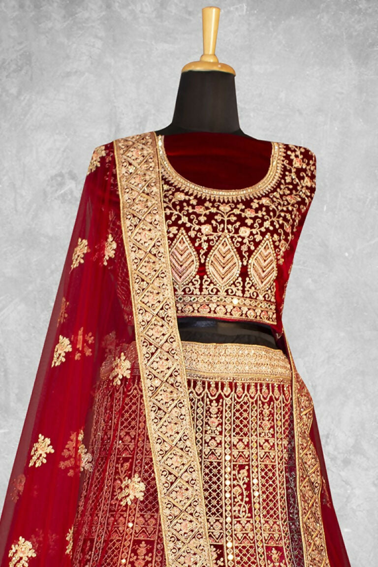 Red Velvet Thread with Hand Work Semi Stitched Lehenga Choli with Dupatta - Nimaya Lagnotsav