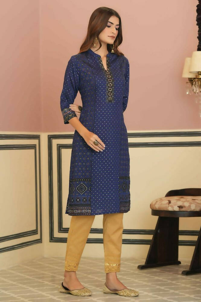 Juniper Indigo Rayon Festive Gold Foil Printed Straight Kurta For Women - Distacart